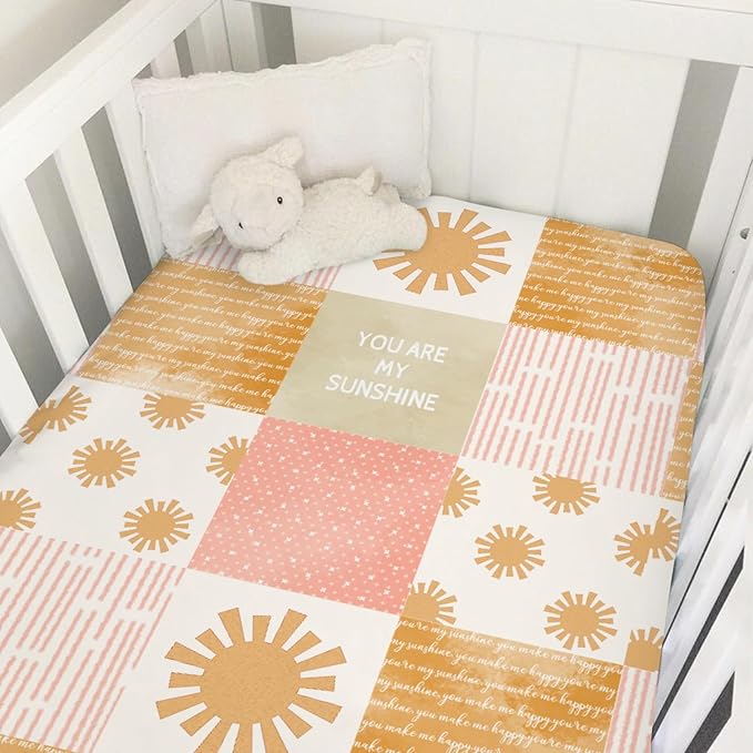 Colorful Boho Sun Baby Crib Sheet 52''x28'' Cute Sunshine Stripes Stretchy Fitted Mattress Sheets for Boy Girl Letters Quote Nursery Toddler Bed Sheets for Standard and Toddler Mattress