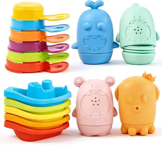 Baby Bath Toys for Toddlers, 15 PCS Mold Free Bathtub Water Play Toys with Rainbow Color Floating Boats Spoons and Silicone Sensory Bath Toys, Water Table & Pool Toys for Babies and Toddlers