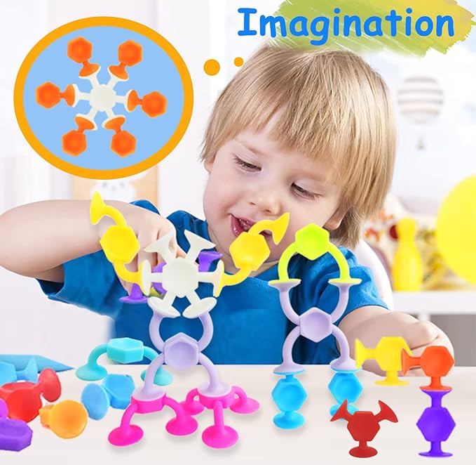 Suction Cup Bath Toys, 48pcs Travel Family Game for Kids Toddlers 3-8, Preschool Learning Sensory Classroom Toys, Stocking Stuffers Bathtub Window Toy for Autism/ADD/ADHD
