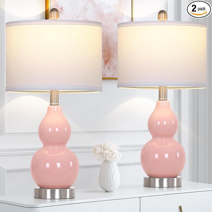 luxeflow 22" Double Gourd Ceramic Table Lamps Set of 2, Pink Modern Bedside Lamps for Living Room, Contemporary Nightstand Desk Lamps for Bedroom End Table Home Office Decor(2 LED Bulbs Included)