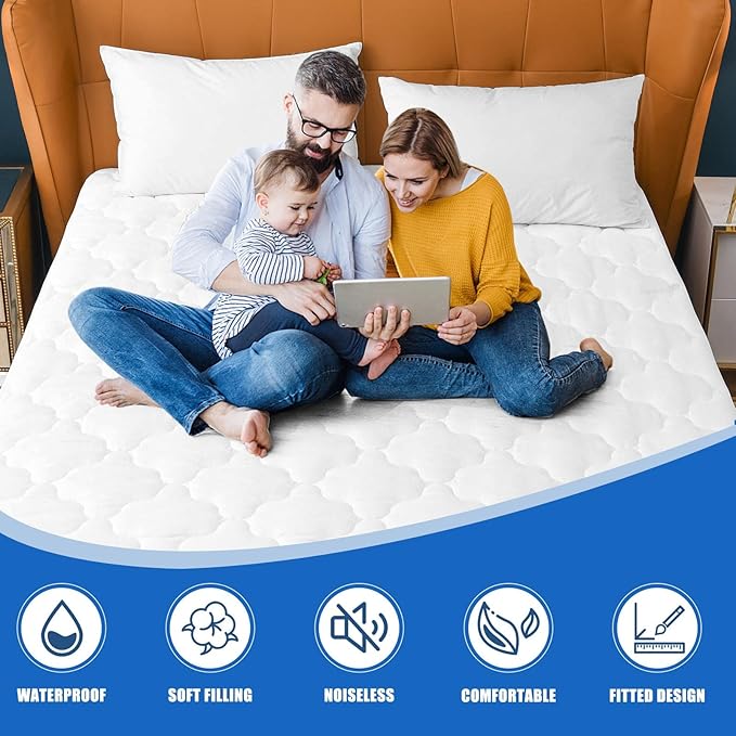 Waterproof Mattress Protector King Size, 6''-21'' Deep Pocket Fitted Quilted Mattress Pad Cover, Breathable, Hollow Cotton Alternative Filling Mattress Pad Cover, King Size