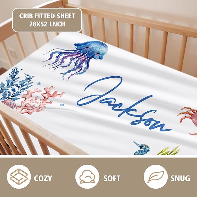 Personalized Baby Crib Bedding Set 2-Pcs, Custom Name Marine Animals Baby Bedding Set - Soft Double Layer Dotted Blanket and Fitted Sheet, Nursery Bedding for Newborn Boys Girls, Perfect Shower Gift