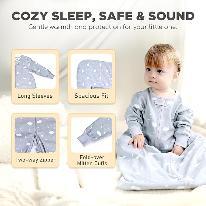Mama Cheetah Baby Sleep Sack with Sleeves, 0.5 TOG Organic Cotton Wearable Blanket and Two-Way Zipper, Swaddle Transition Long Sleeve Sleeping Bag for Newborn Infant Toddler, 0-6 Months