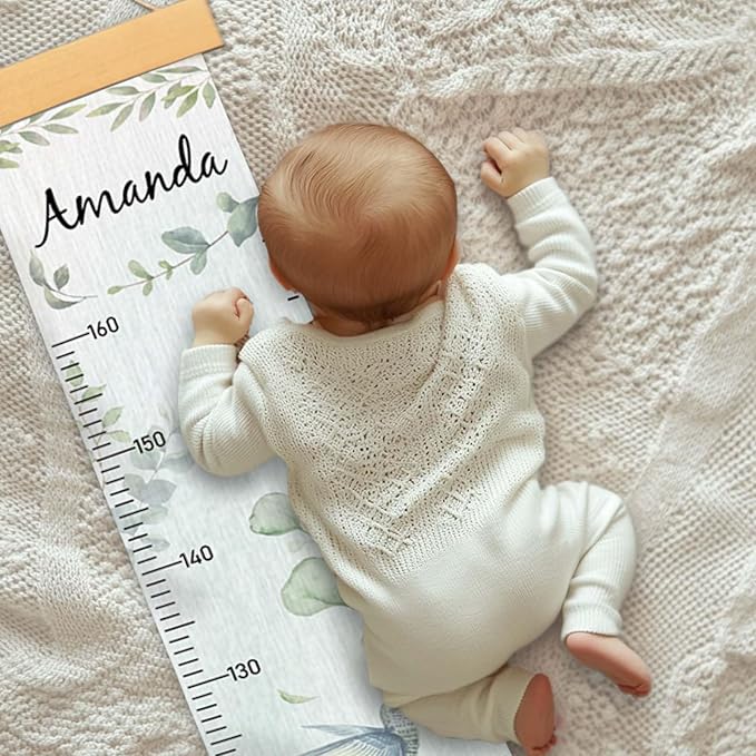 Woodemon Personalized Name Growth Chart for Wall, Eucalyptus Leaves Canvas Height Chart for Kids Baby Child Toddler Boys Girls, Canvas&Wood Growth Chart for Wall Room Nursery Decor,Easy Care
