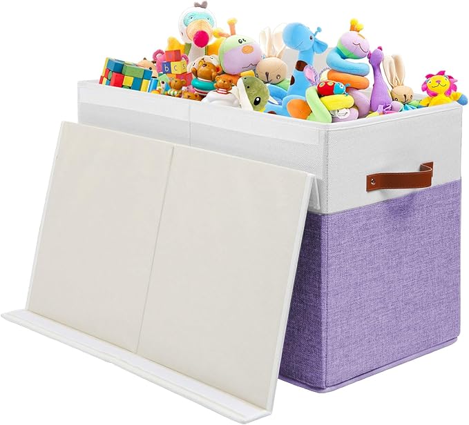 Large Toy Box with Lid, Sturdy Toy Storage Chest Bin Boxes Organizer Basket with Dividers for Toddlers, Kids, Boys, Girls, Nursery, Living Room, Bedroom, Playroom 25"x13" x16" (Purple and White)
