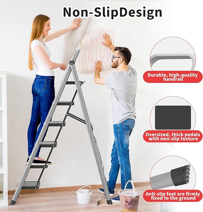 DIAMONDFORGE 6-Step Foldable Step Ladder Stool with Handle, Anti-Slip Wide Pedals & Feet, 800lbs Capacity, Sturdy Stepstool Folding for Adults in Home & Kitchen Use - Silver Gray