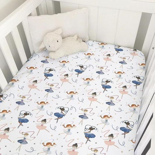Cream Dancing Girls Baby Crib Sheets for Girls Neutral Little Ballet Dancers Soft Snug Fitted Crib Mattress Covers for 52''x28'' Standard Crib & Toddler Mattress Pad Girly Ballet Dancer Baby Sheets