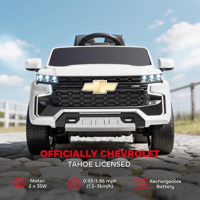 Aosom Licensed Chevrolet Tahoe Ride On Car, 12V 7AH Battery Power Ride On Toy with Parent Remote Control, LED Lights, Music, 4 Wheeler Suspension, 3 Speeds, Kids Electric Vehicle for Aged 3+, White