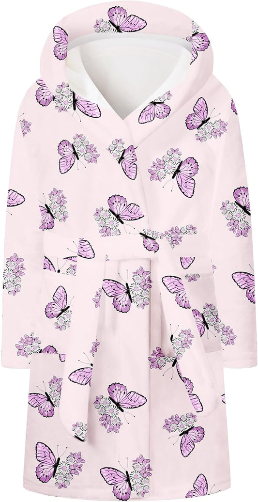 Umeyda Girls Fleece Hooded Robes, Warm Printed Bath Robe for Kids Soft Fuzzy Bathrobe for Gifts