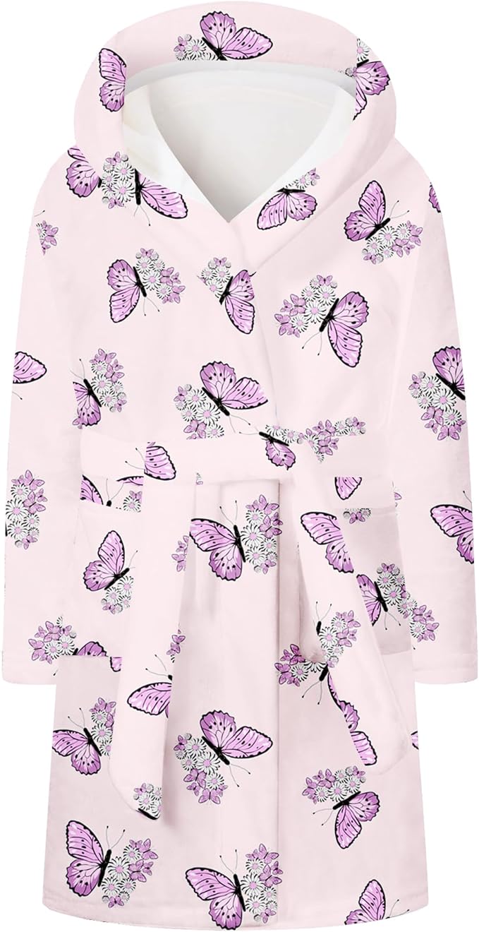 Umeyda Girls Fleece Hooded Robes, Warm Printed Bath Robe for Kids Soft Fuzzy Bathrobe for Gifts