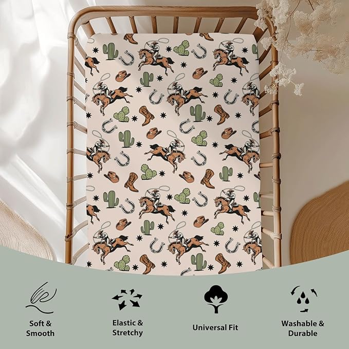 Country Western Baby Crib Sheets for Boy Girl 52x28Inch Cowboy Hat Boots Horse Cactus Soft Snug Fitted Crib Mattress Covers Wild West Desert Baby Sheet for Standard Crib & Toddler Bed Mattresses