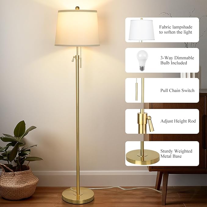 JUNNAI Gold Floor Lamp for Living Room, Tall Standing Lamp 55-65" Adjustable Modern Brass Floor Lamps for Bedroom Reading Office Kids 3 Color Lights Corner Night Stand (9W LED Bulb, White Shade)