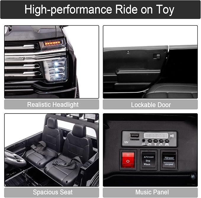 FINITO 24V 4WD Kids Car Licensed Chevrolet Silverado，2 Seater Electric car ，with Parental Remote Control, Music, Bluetooth, for Outdoor Grass, Gift for Kids(Black)
