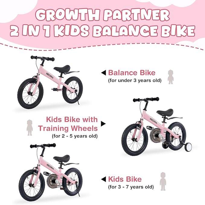 MEGHNA 2 in 1 Toddler Balance Bike 14 inch Wheel Kids Bike Aged 3-7 Years Old with Footrest Detachable Training Wheels Caliper and Coaster Brake Strider Bike for Boys Girls, Easy to Assembly