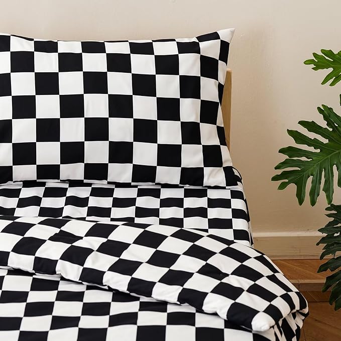 CLOTHKNOW 4 Pieces Plaid Toddler Bedding Sets for Boys Grils, Black White Grid Pattern, Soft Crib Bed Set Including Comforter, Flat Sheet, Fitted Sheet and Pillowcase, Black White