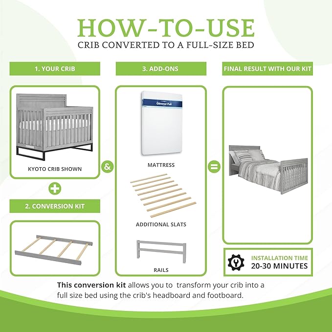Full-Size Conversion Kit Bed Rails for Evolur Cribs - Solid Wood Crib Convertible Kit to Kids Bed - Transitional Style Rails & Easy-to-Install Child Essentials for Safety (Imperial Grey)
