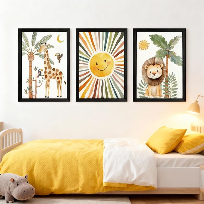 Cute Sun Lion Giraffe Quote Framed Wall Art Set of 4, 11x16 Boho Educational Animal Wall Sign for Baby Girl Kid Boy Toddlers, Wooden Inspirational Nursery Wall Decor Black