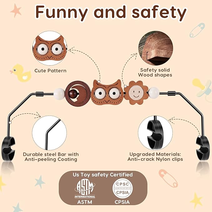 Baby Bouncer Toy Bar Wooden Compatible with Baby Bjorn Bouncer, Durable Wooden Bouncer Toy Bar Attachment, Tight and Secure Fit, Rotatable Sensory Toys for Curious Babies (Flower and Owl)
