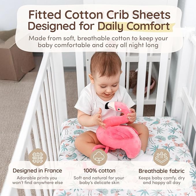 Baby Crib Sheets Girls Toddler Bed Sheets Cotton Fitted Crib Sheet Sets 28"x52", 8" Deep Pocket, Baby Mattress Sheet 2Pack 100% Cotton Flamingo Beddings, Designed in France, Jungle Leaves, White Pink