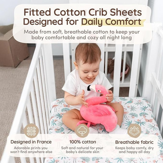 Baby Crib Sheets Girls Toddler Bed Sheets Cotton Fitted Crib Sheet Sets 28"x52", 8" Deep Pocket, Baby Mattress Sheet 2Pack 100% Cotton Flamingo Beddings, Designed in France, Jungle Leaves, White Pink