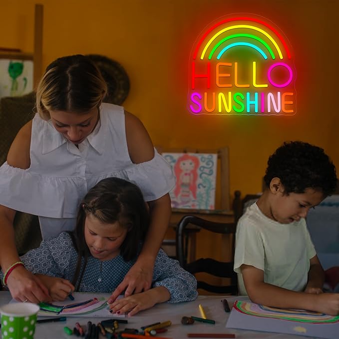 Hello Sunshine Neon Sign for Wall Decor Dimmable Colorful Rainbow LED Neon Lights for Classroom Bedroom Decor Affirmation Positive Wall Art for Party Office Living Room Gifts Size 13.8*12.8in(GLNP300)