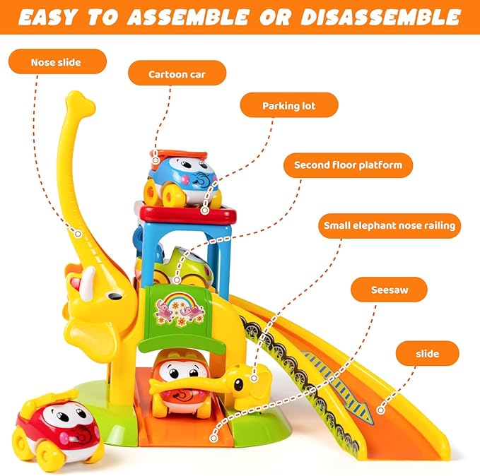 Marstone Toddler Toys for 1 2 Year Old Boys and Girls Gifts: Educational Elephant Slide with 4 Animal Car Toys for Baby 12-18 Months, First Birthday Gifts for Kids, Learning Push Truck Tracks Age 1-2