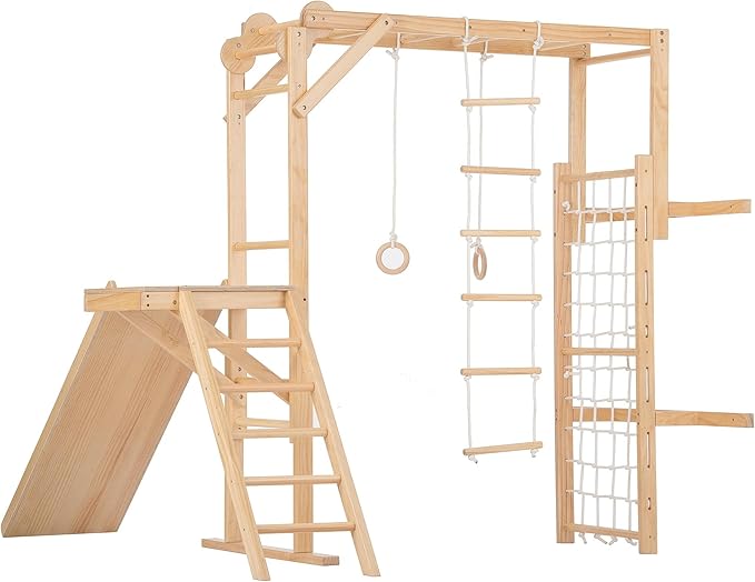 Avenlur Grove 8-in-1 Indoor Jungle Gym with Gymnastic Rings, Climbing Rope, Swing, Slide, Monkey Bars, Rope Wall Net, and Wooden and Rope Ladder - Jungle Play Set for Kids Ages 2-11 Years Old