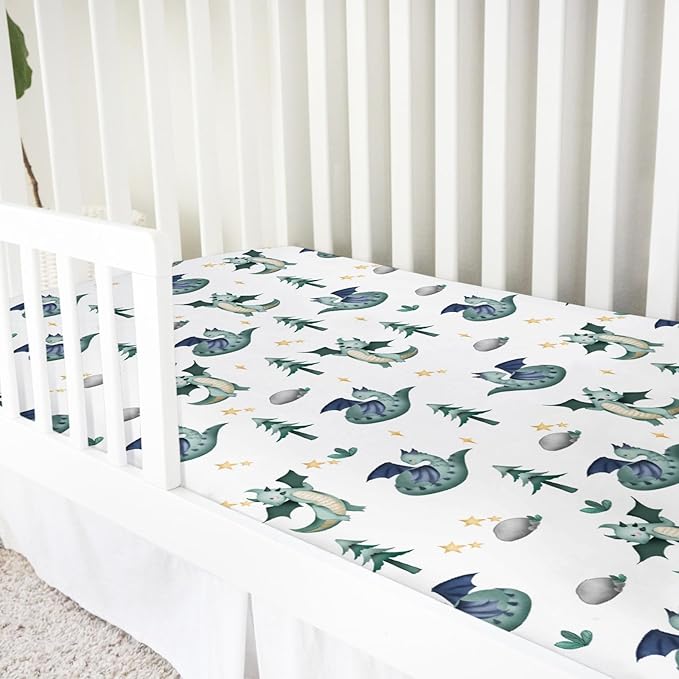 Cartoon Fairy Tale Dragon Trees Stars Baby Crib Sheets 52''x28'' Watercolor Dragons Stretchy Fitted Crib Mattress Cover for Boy Girl Soft Bed Sheet for Standard Crib and Toddler Mattress
