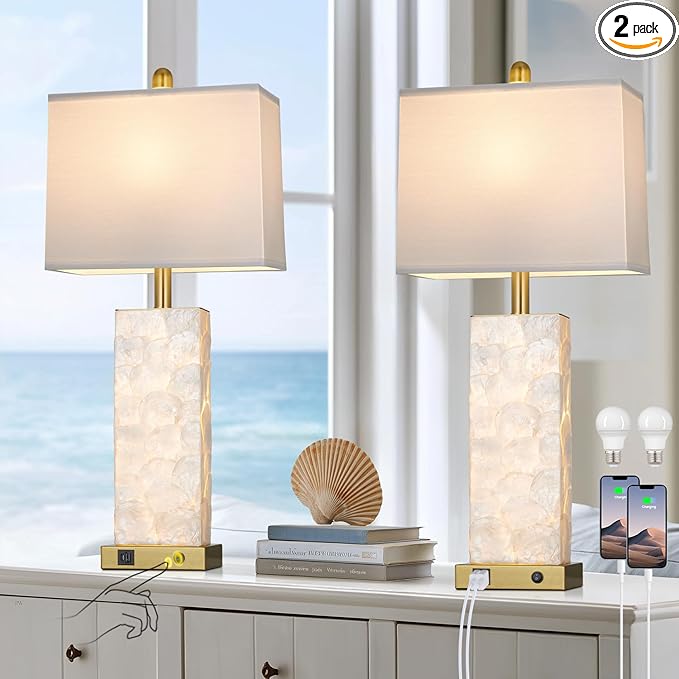 luxeflow 28" Coastal Table Lamps for Living Room Set of 2, Bedside Lamps with Night Light, USB A+C Ports, Modern Sea Shell Bedside Night Stands Light for Beachy Cottage Decor (Gold)