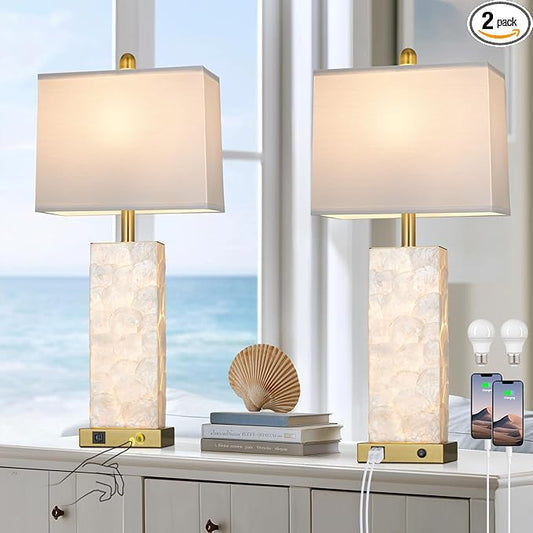 luxeflow 28" Coastal Table Lamps for Living Room Set of 2, Bedside Lamps with Night Light, USB A+C Ports, Modern Sea Shell Bedside Night Stands Light for Beachy Cottage Decor (Gold)