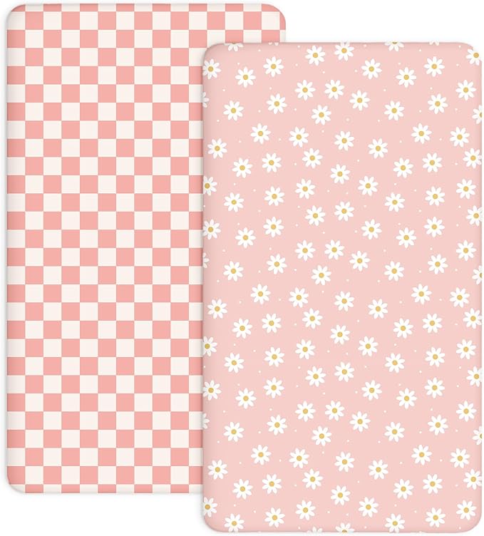 Crib Sheets for Boys and Girls, 2 Pack Fitted Baby Sheets for Standard Toddler Mattress 28" x 52", Soft Breathable Jersey Knit Baby Bedding (Daisy Check)