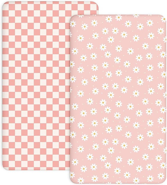 Pack and Play Sheets 2 Pack, Fitted Jersey Knit Mini Crib Sheets for Baby Boys and Girls, Compatible with Graco Pack N Play and Mini Crib Mattress (Daisy Check, Pack N Play/Mini Crib Sheets)