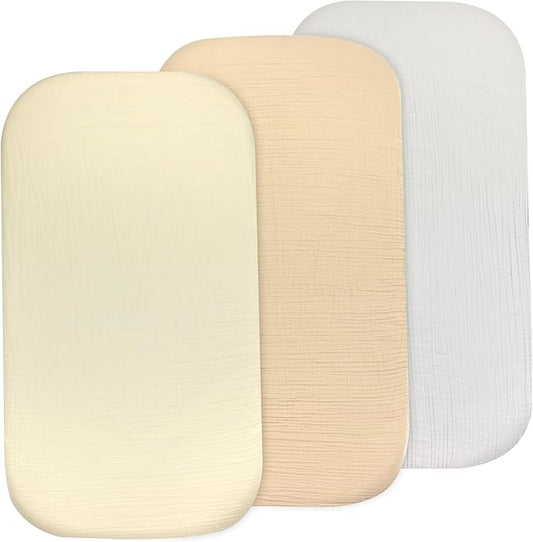 3 Pack Organic Muslin Bedside Bassinet Sheets Compatible with Mika Micky, Baby Delight, Dream On Me, AMKE and Other Bassinet Pads Size Between 17-21 in Width, 29-33 in Length, and 1.5-4 in Thick