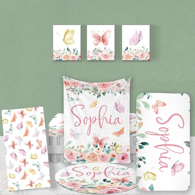 Custom Baby Bedding Set: Personalized Pink Butterfly Bedding Baby Blanket Fitted Sheet Changing Cover Nursery Rug Room Decor Gift Idea