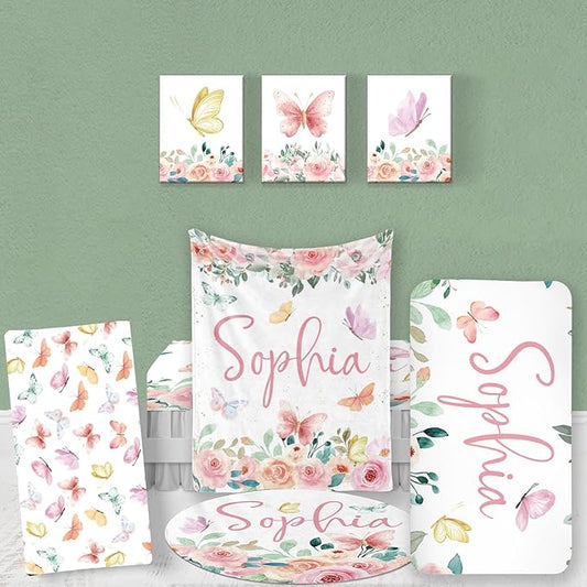 Custom Baby Bedding Set: Personalized Pink Butterfly Bedding Baby Blanket Fitted Sheet Changing Cover Nursery Rug Room Decor Gift Idea