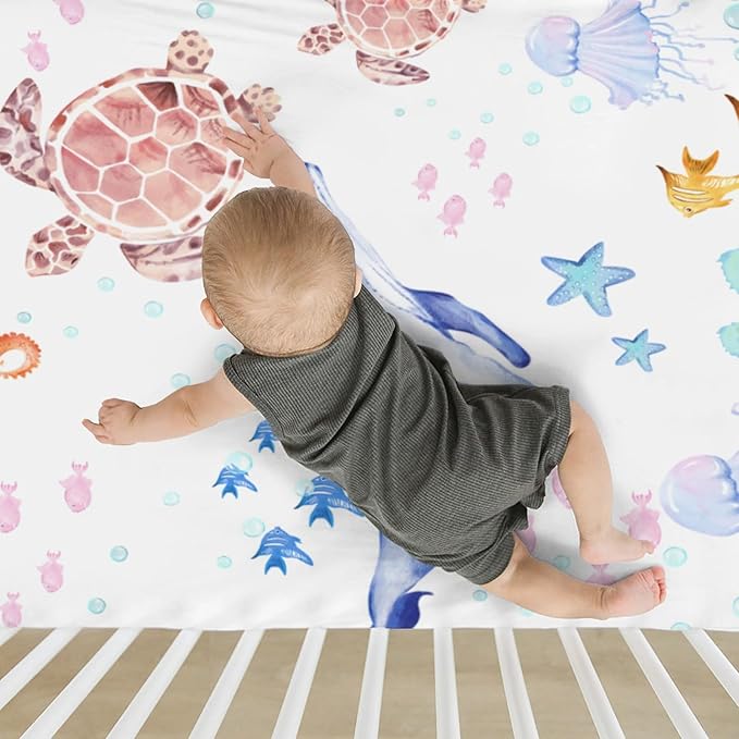 Colorful Ocean Animals Baby Crib Sheets for Boy Girl 52x28 Whale Turtle Jellyfish Sea Horse Corals Soft Snug Fitted Crib Mattress Cover Marine Animals Baby Sheet for Standard Crib & Toddler Mattress
