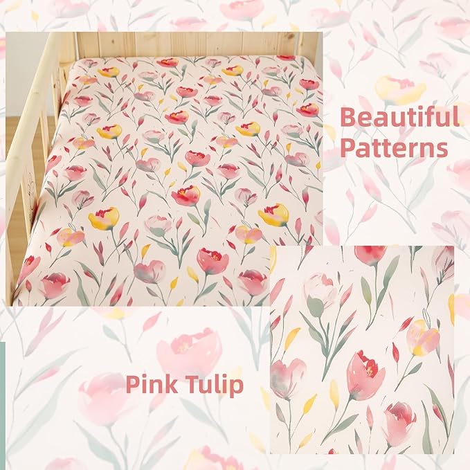 SDIII 2 Pack Pink Floral Crib Sheets for Baby Girl 52×28 Stretchy Microfiber Jersey Knit Pink Crib Sheets for Standard Crib and Toddler Mattress
