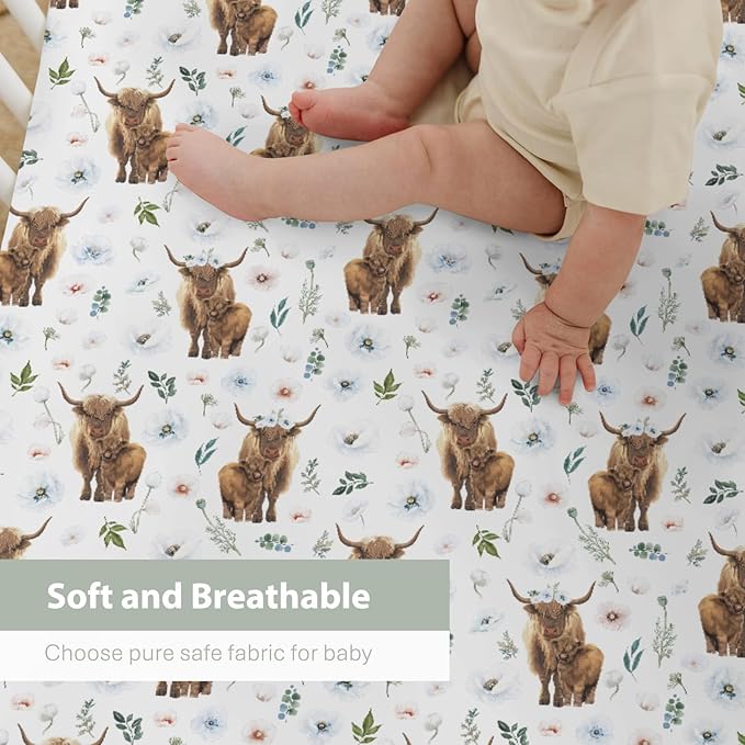 Boho Highland Cow Floral Baby Crib Sheets for Boy Girl 52"x28" Highland Yak Cattle Poppies Soft Snug Fitted Crib Mattress Cover Farmland Animal Baby Sheet for Standard Crib & Toddler Bed Mattress