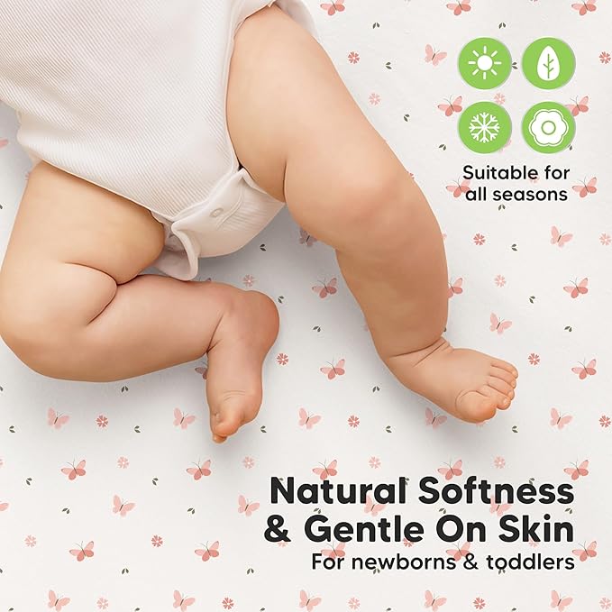 2-Pack Waterproof Crib Sheets for Girl, Boy - Organic Cotton 52X28 Fitted Crib Sheets Neutral, Crib Mattress Protector Sheets, Soft Toddler Bed Sheets, Washable Infant Baby Crib Sheets (Butterflies)