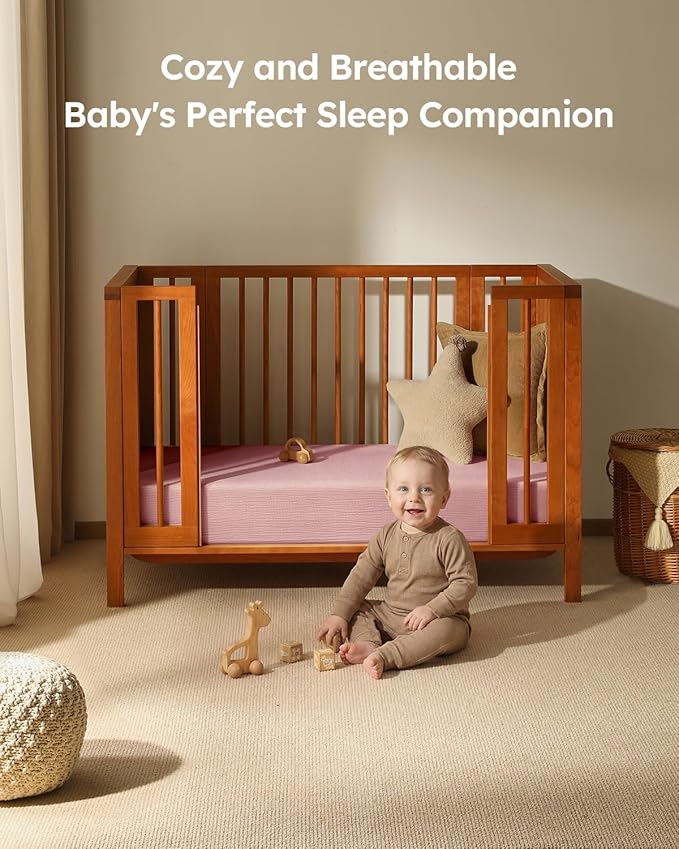 Muslin Crib Sheets for Boys Girls, 100% Cotton Fitted Crib Sheet 2 Pack for Standard Crib and Toddler Mattress, Breathable Soft Baby Sheet 28x52x8in Pink & Purple