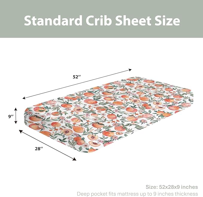 Vintage Peaches Baby Crib Sheets for Boy Girl 52x28Inch Retro Peach Flowers Leaves Soft Snug Fitted Crib Mattress Cover Sweet Spring Summer Fruit Nursery Baby Sheet for Crib & Toddler Bed Mattress