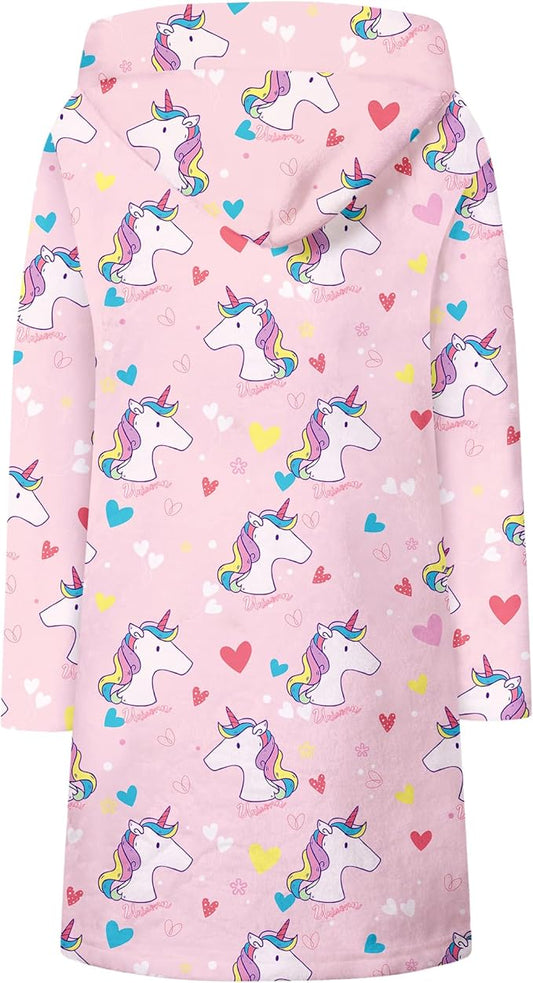 Umeyda Girls Fleece Hooded Robes, Warm Printed Bath Robe for Kids Soft Fuzzy Bathrobe for Gifts