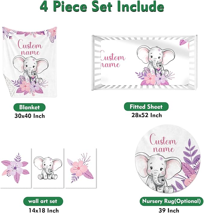 Personalized Baby Crib Bedding Set: 4 Piece Custom Purple Flower Elephant Crib Bed Set with Name, Nursery Bedding Set for Baby Girls, Newborn Boys Crib Sets, Crib Bedding Custom Gift, Crib Sheet