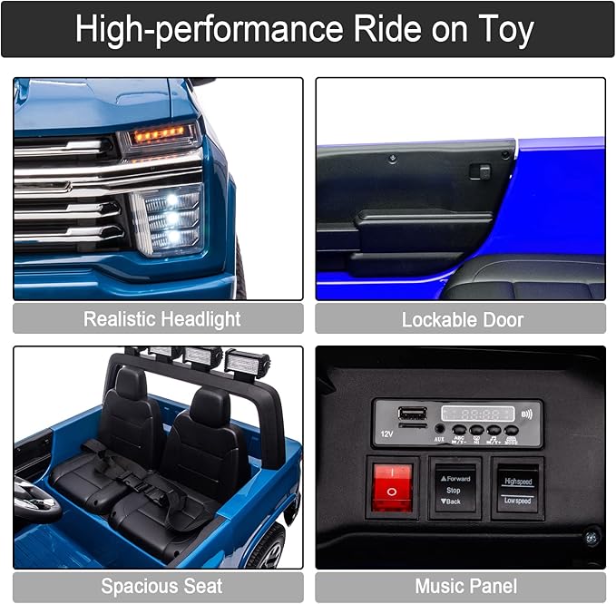 2 Seater 24V Chevrolet Silverado HD Pickup,4WD Electric Vehicle with Parent Remote, Wear-Resistant Tires Ride On Car Electric Power Vehicles Wheels Ride on Toys for Boys,(Blue)