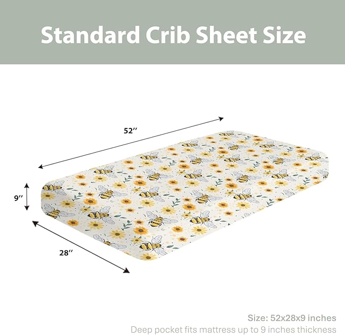 Boho Bees Sunflowers Baby Crib Sheets for Boy Girl 52"x28" Watercolor Bee Yellow Floral Soft Snug Fitted Crib Mattress Cover Spring Summer Baby Sheet for Standard Crib & Toddler Bed Mattress