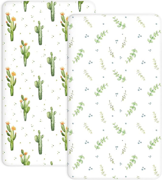 Pack and Play Sheets 2 Pack, Fitted Jersey Knit Mini Crib Sheets for Baby Boys and Girls, Compatible with Graco Pack N Play and Mini Crib Mattress (Desert Green, Pack N Play/Mini Crib Sheets)