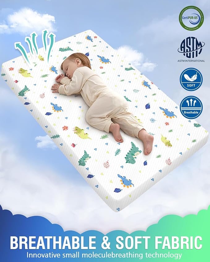 38"x24" Mini Crib Mattress with Washable Breathable Soft Waterproof Animal Cover - Portable Infant Mattress with High Density Support Foam