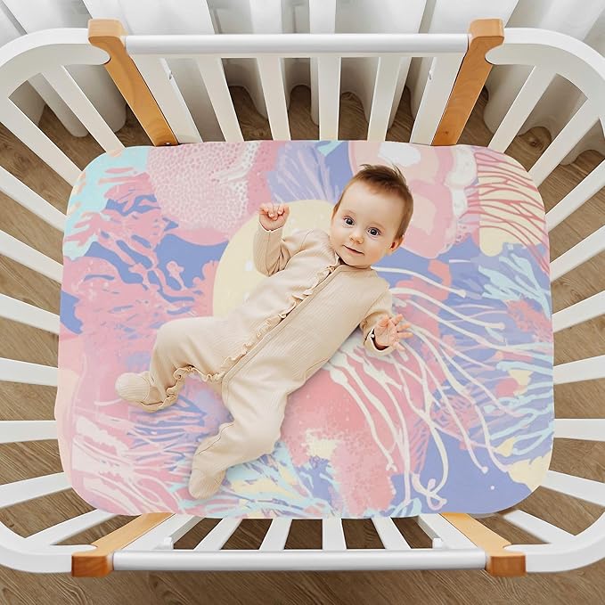 Pastel Coral Reef Jellyfish Crib Sheets Standard Crib Toddler Mattresses Cover Fitted Baby Bed Sheet Breathable Crib Mattress Sheet for Girls Boys 39''x27''x9''