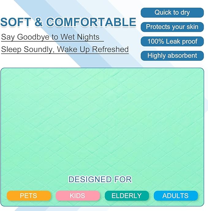 OUTCREATOR® Washable Bed Pads 34" x 76" (Pack of 2), Incontinence Mattress Protector, Anti-Slip Waterproof Underpads for Adults Kids Elderly Pets, Absorbency & Reusable Bedwetting Pads (Solid Green)