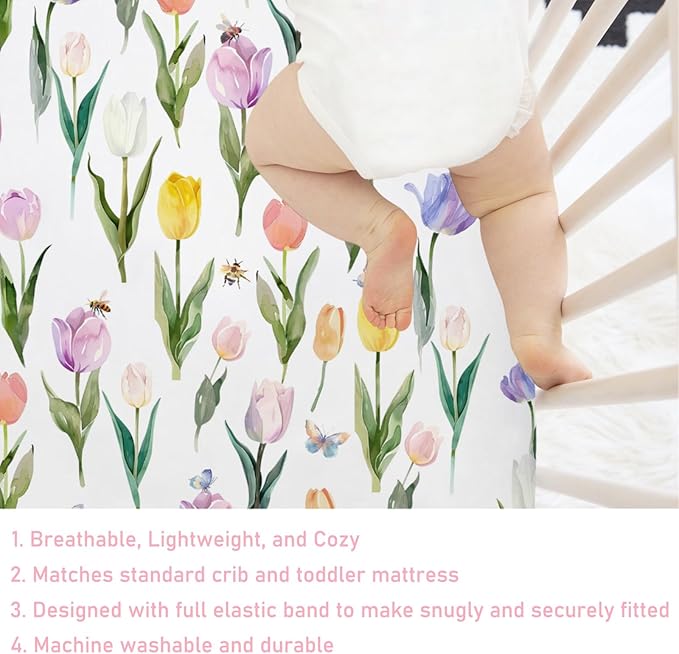 Watercolor Tulips Bees Butterflies Baby Crib Mattress Sheet 52''x28'' Boho Spring Floral Stretchy Fitted Crib Mattress Sheet for Boy Girl Wild Flower Soft Bed Sheet for Standard Crib Toddler Mattress
